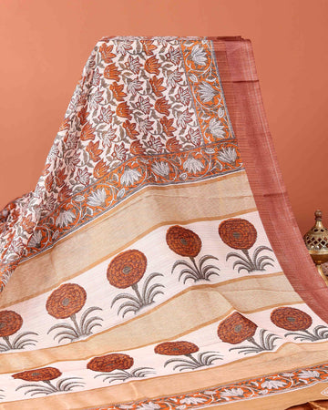 Elegant Georgette Floral Printed Saree With Plain Border - Brown