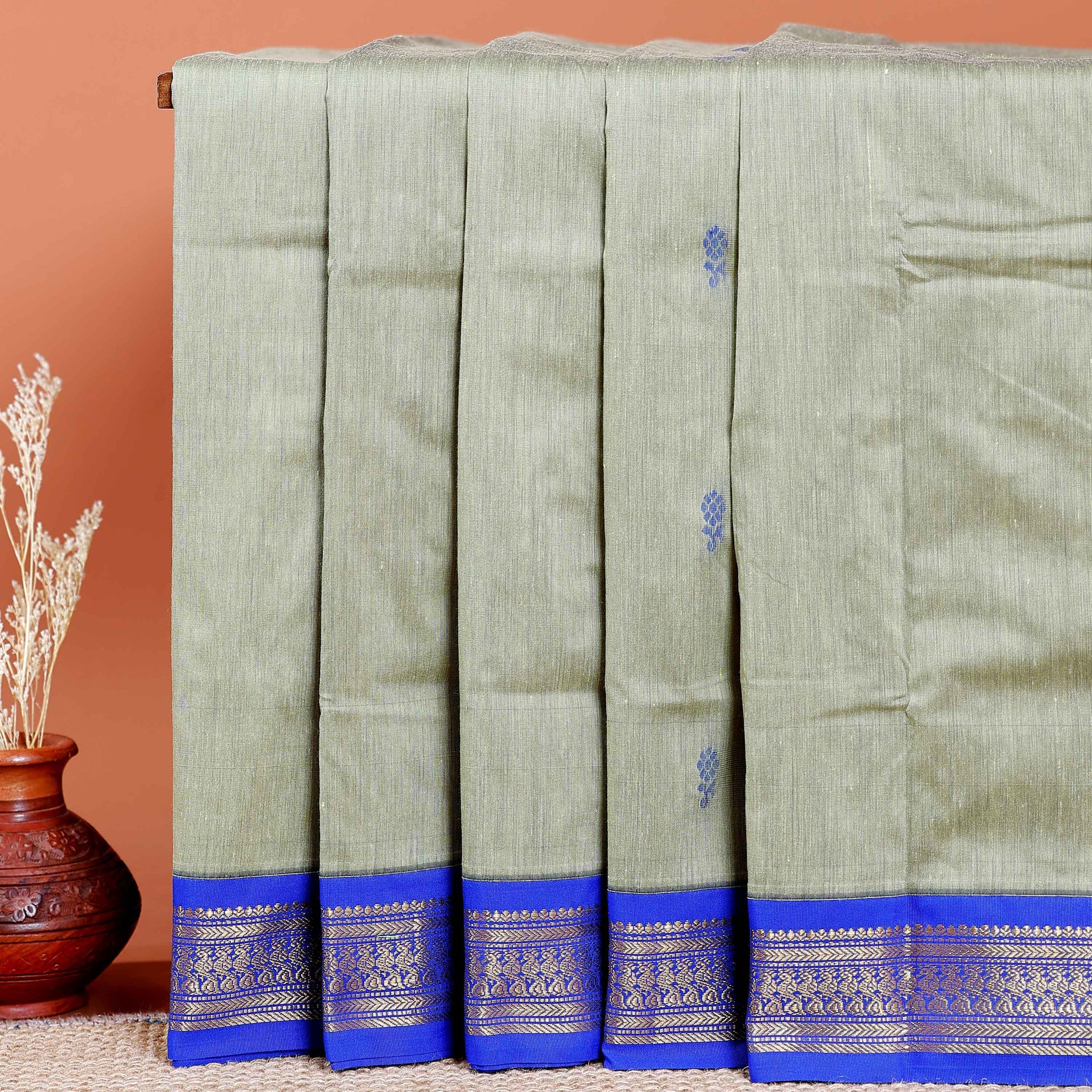 Handloom Kalyani Cotton Saree with Rich Contrast Border and Butta Embellishments - Light Green