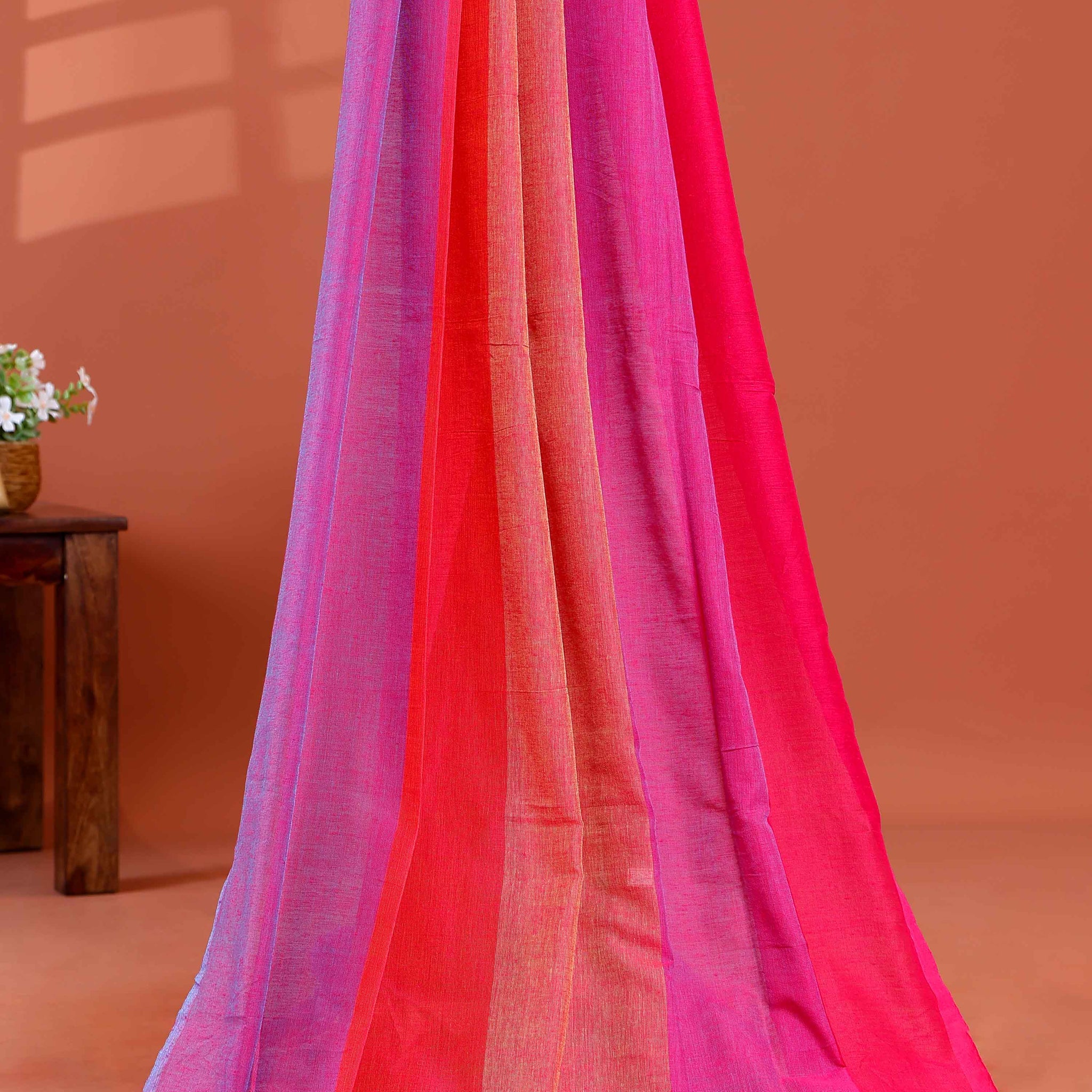 Handwoven Mul Mul Cotton Saree with Bold Striped Pattern and Tassel Detailing - Multi