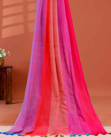 Handwoven Mul Mul Cotton Saree with Bold Striped Pattern and Tassel Detailing - Multi