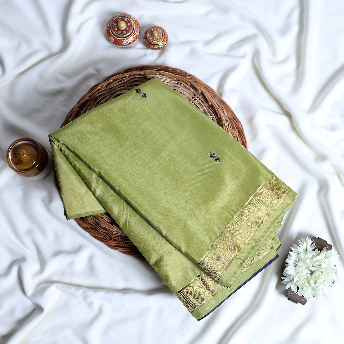 Light Green Banana Pith Semi Silk Saree for Women | Wedding & Festive occasion | Jeyachandran - Full View