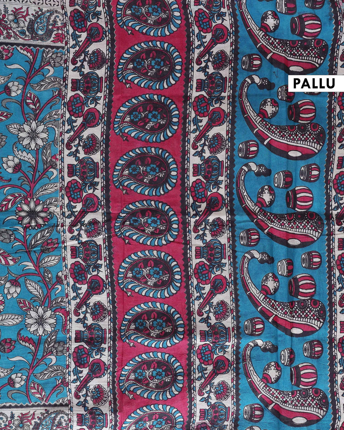 Traditional Kalamkari Cotton Saree with Intricate Floral & Paisley Block Prints - Teal