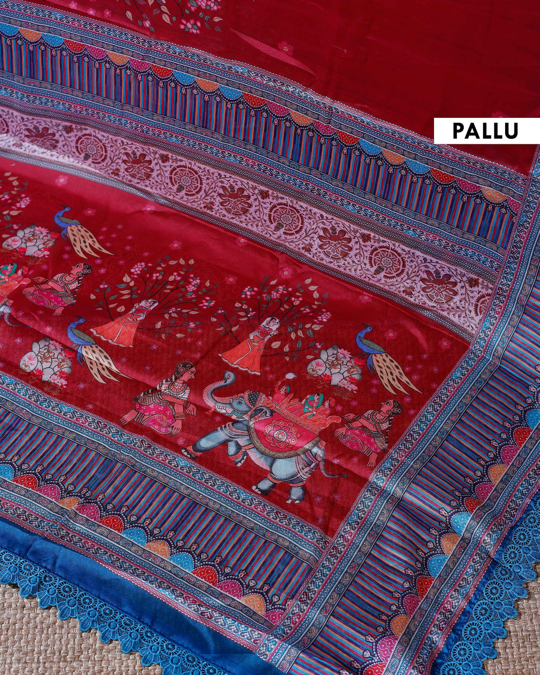 Designer Georgette Saree with Royal Procession Print and Intricately Woven Traditional Border - Red