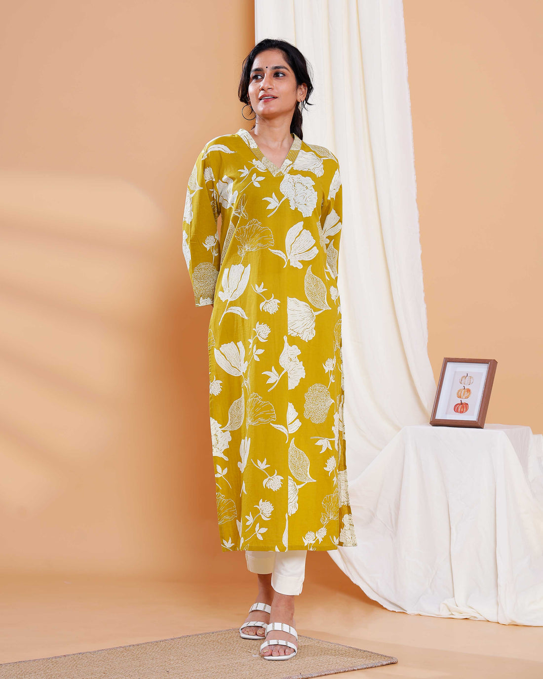 Floral Printed Straight Kurta with V-Neckline and 3/4 Sleeves - Mustard Yellow