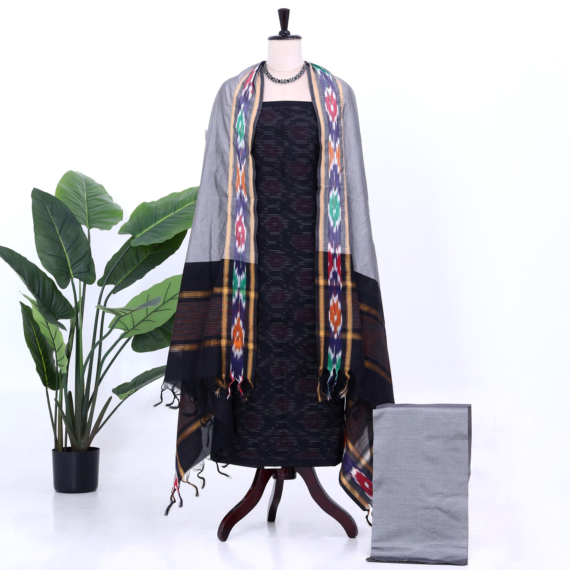 Black Cotton Unstitched Salwar Material for Women | Ethnic Summer Collection | Jeyachandran - Full View