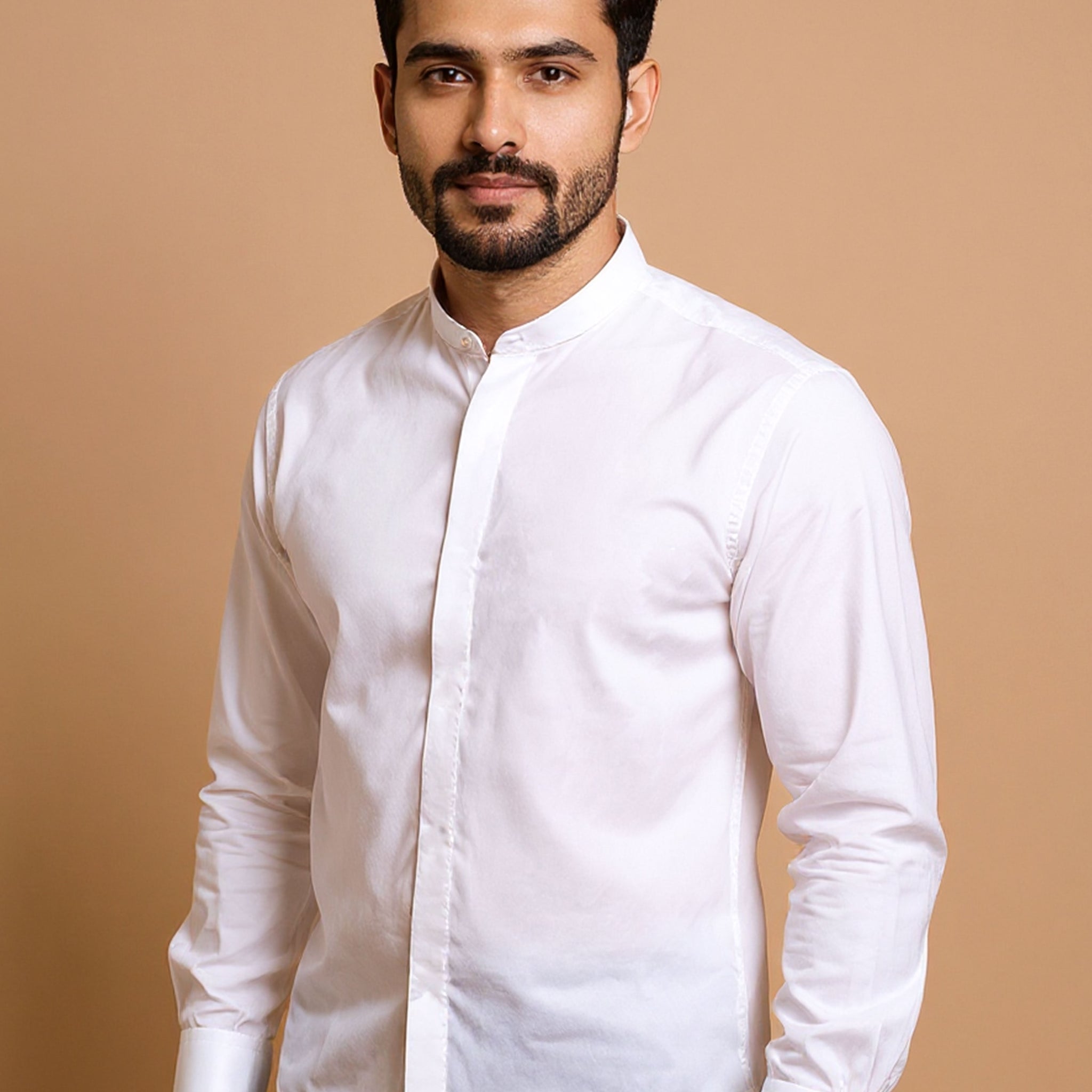 Native Bull Men's Solid Mandarin Collar Casual Shirt and Full Sleeves - White