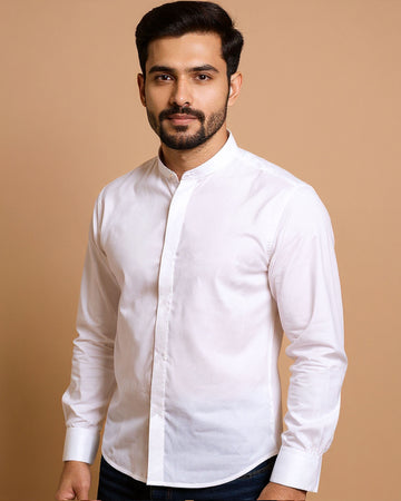 Native Bull Men's Solid Mandarin Collar Casual Shirt and Full Sleeves - White