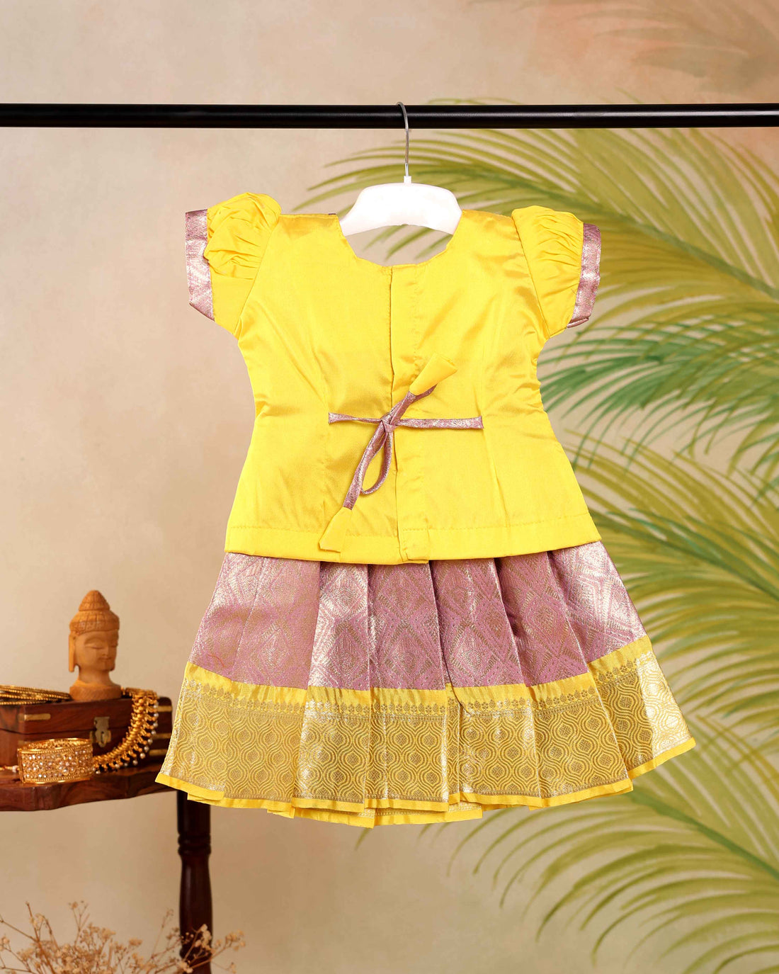 Elegant Kids Pattu Pavadai Readymade a Traditional Ethnic Gown with Zari Border & Puff Sleeves  - Yellow