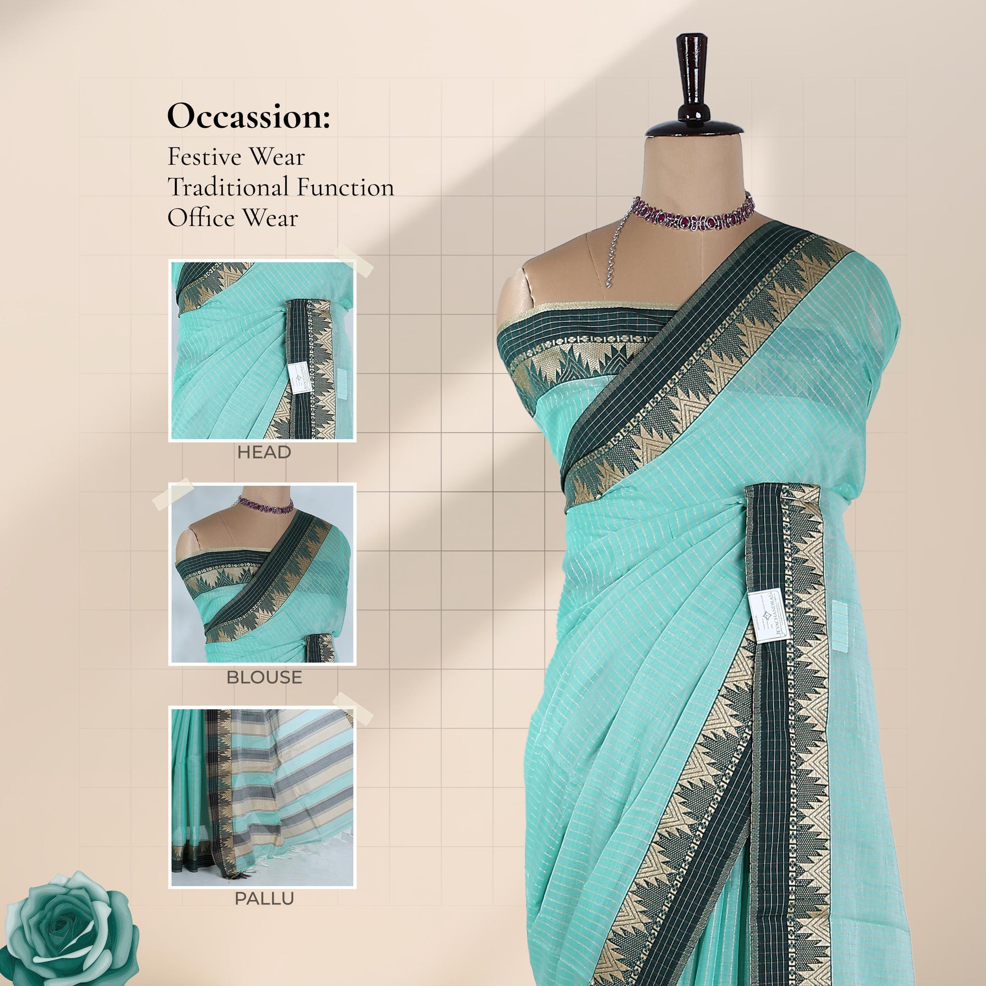 Mangalagiri Cotton Saree a Striped Weave Pattern Traditional Temple Border and Black Contrasting Pallu