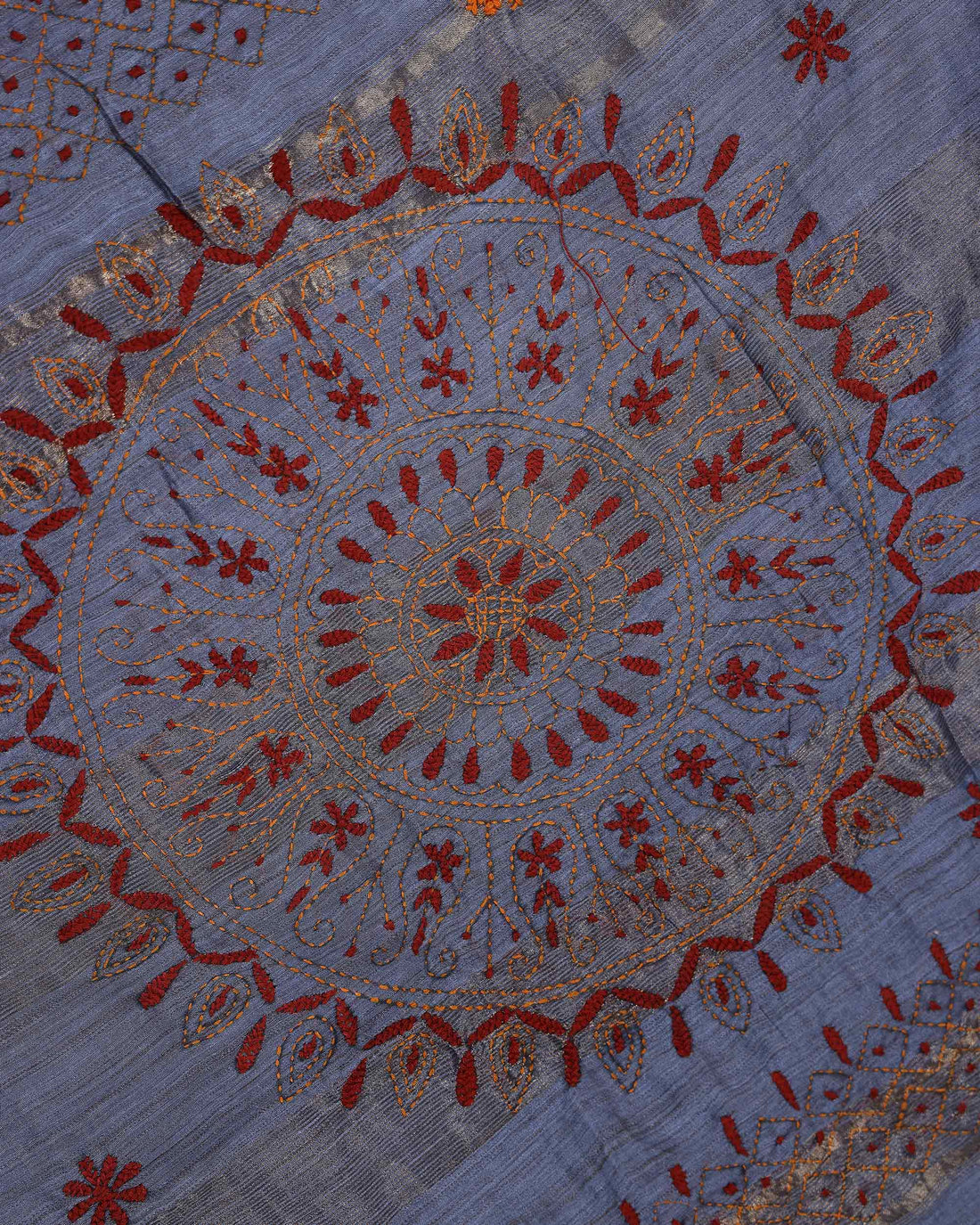 Elegant Kantha Hand Embroidered Saree with Intricate Floral Motif and Contrast Border - Grey