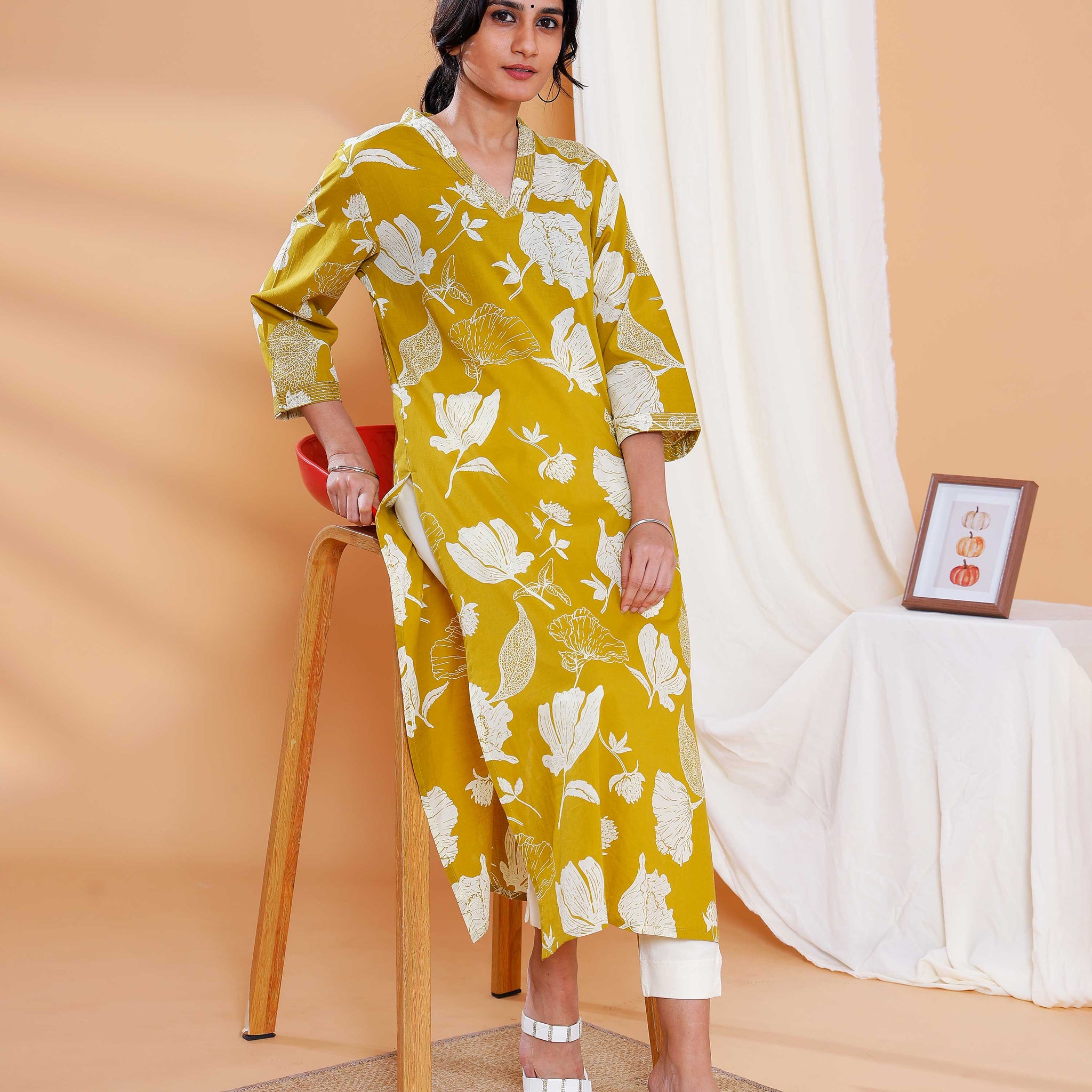 Floral Printed Straight Kurta with V-Neckline and 3/4 Sleeves - Mustard Yellow