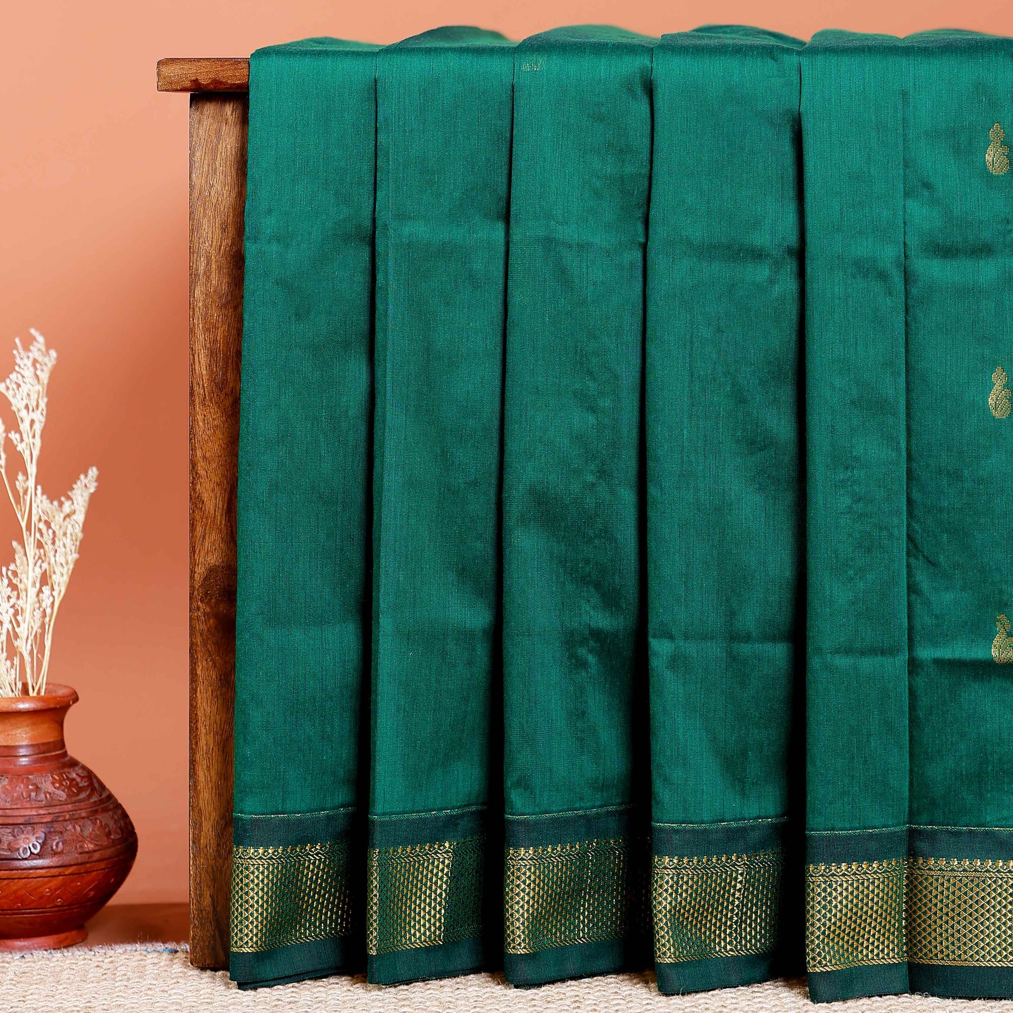 Handloom Kalyani Cotton Saree with Traditional Zari Border & Intricate Motifs - Dark Green