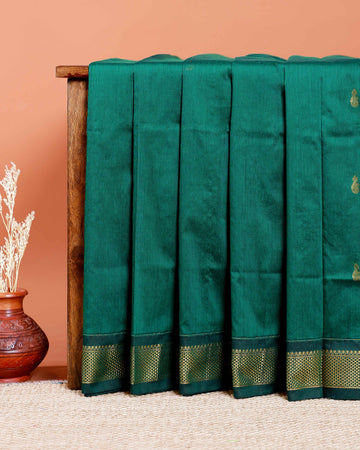 Handloom Kalyani Cotton Saree with Traditional Zari Border & Intricate Motifs - Dark Green
