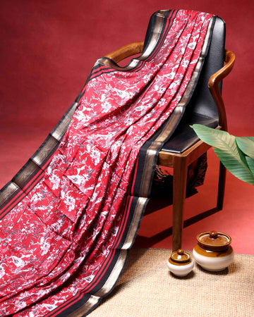 Elegant Semi Chanderi Saree with Floral Inspired Print and Contrast Zari Border - Red