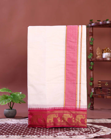 Traditional Men’s Handloom Cotton Dhoti 9*5 Meter with Elegant Multi Border – Off White