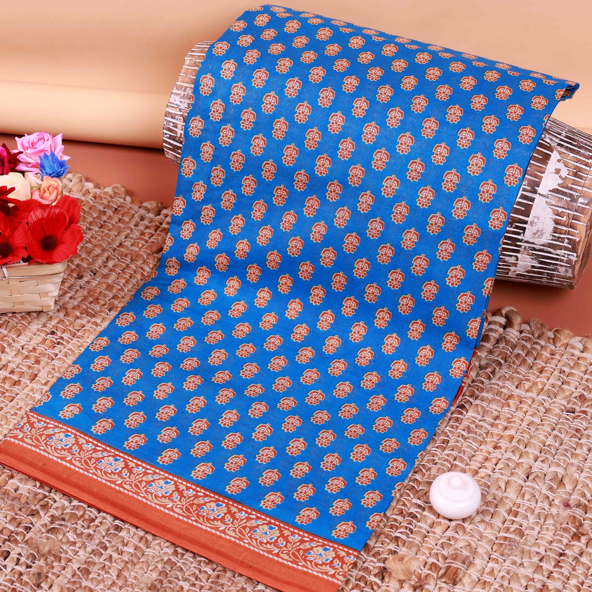 All-Over Floral Printed Voile Saree with Intricate Contrast Border – Blue