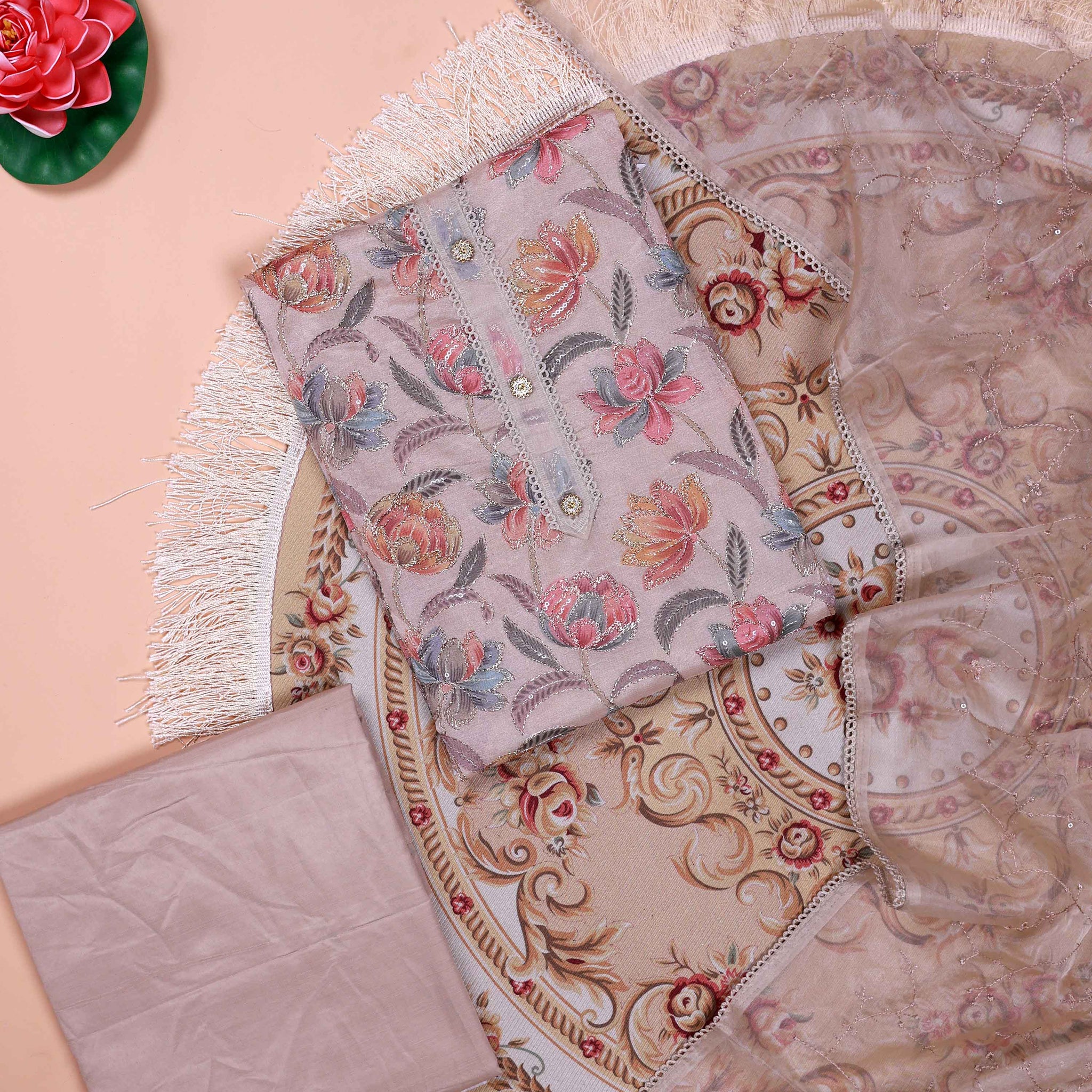 Women's Floral Embroidered Salwar Suit Material with Beaded Neckline and Net Dupatta - Brown