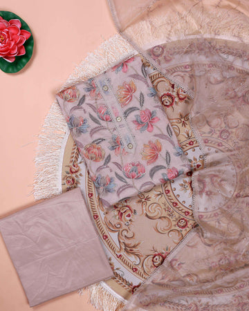 Women's Floral Embroidered Salwar Suit Material with Beaded Neckline and Net Dupatta - Brown