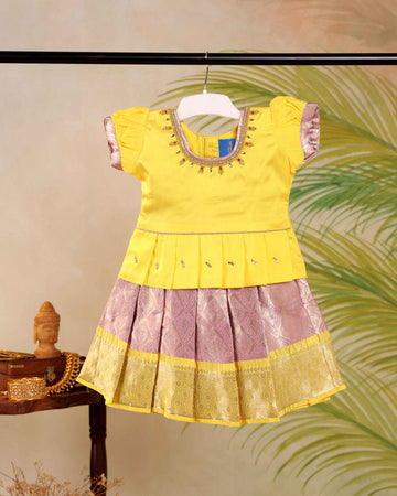 Elegant Kids Pattu Pavadai Readymade a Traditional Ethnic Gown with Zari Border & Puff Sleeves  - Yellow