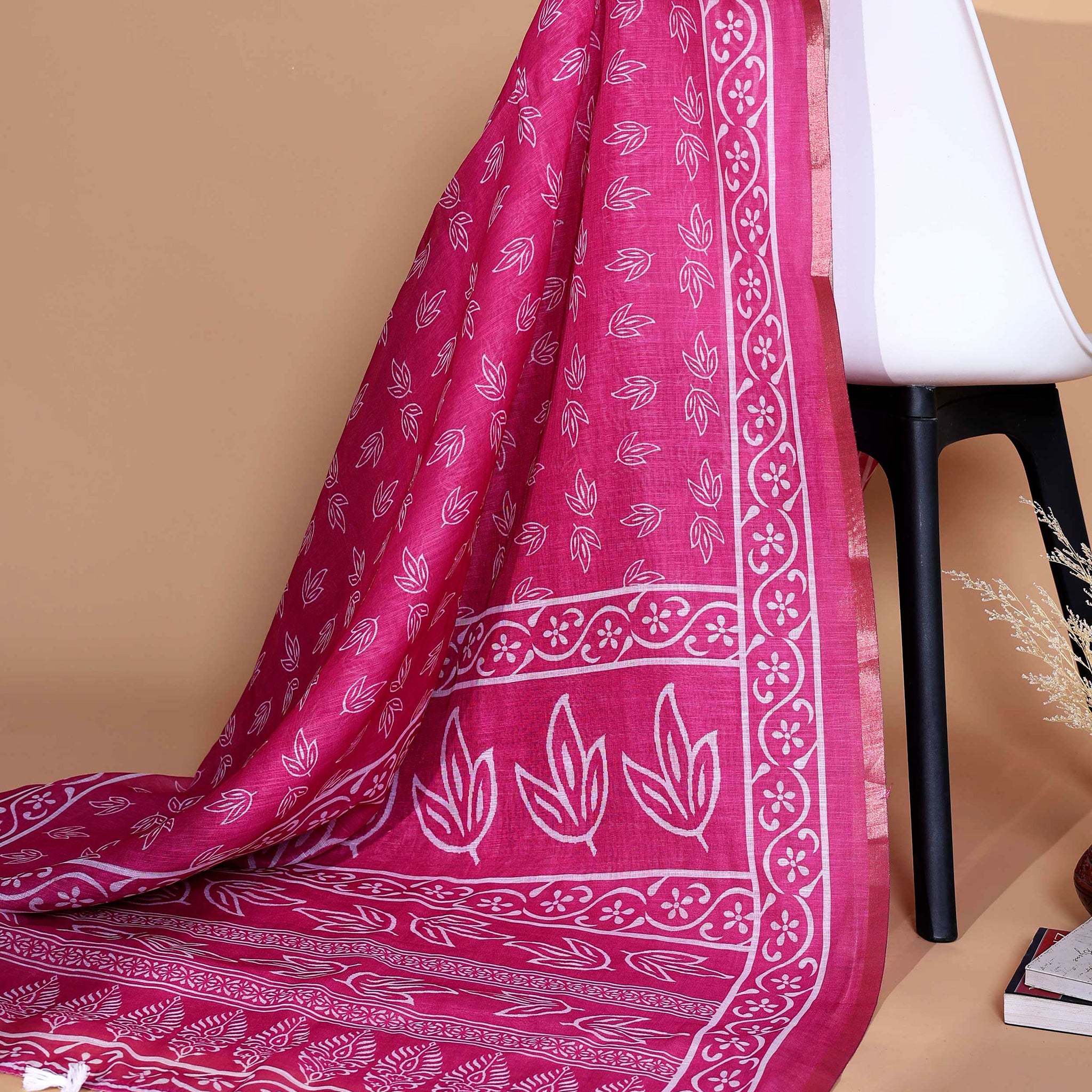 Ethnic Pink Linen saree with Multi-color Paisley and Floral Design