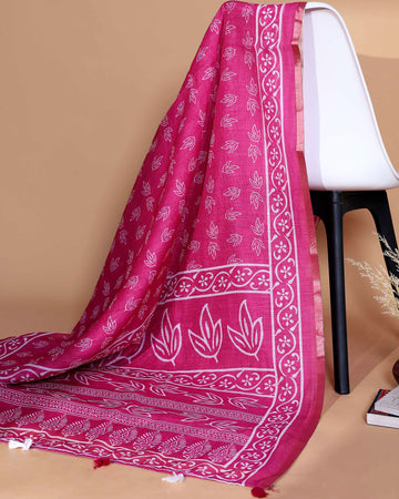 Ethnic Pink Linen saree with Multi-color Paisley and Floral Design