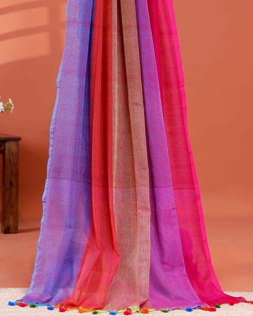 Handwoven Mul Mul Cotton Saree with Bold Striped Pattern and Tassel Detailing - Multi