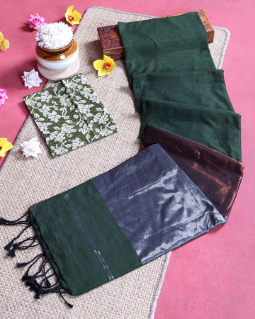 Handloom Traditional Khadi Cotton Saree with Woven Border and Contrast Printed Blouse Piece - Dark Green