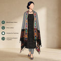 Black Cotton Salwar Material With Grey Contrast Dupatta Striped Border And Tassel Detail Illustrated Front View

