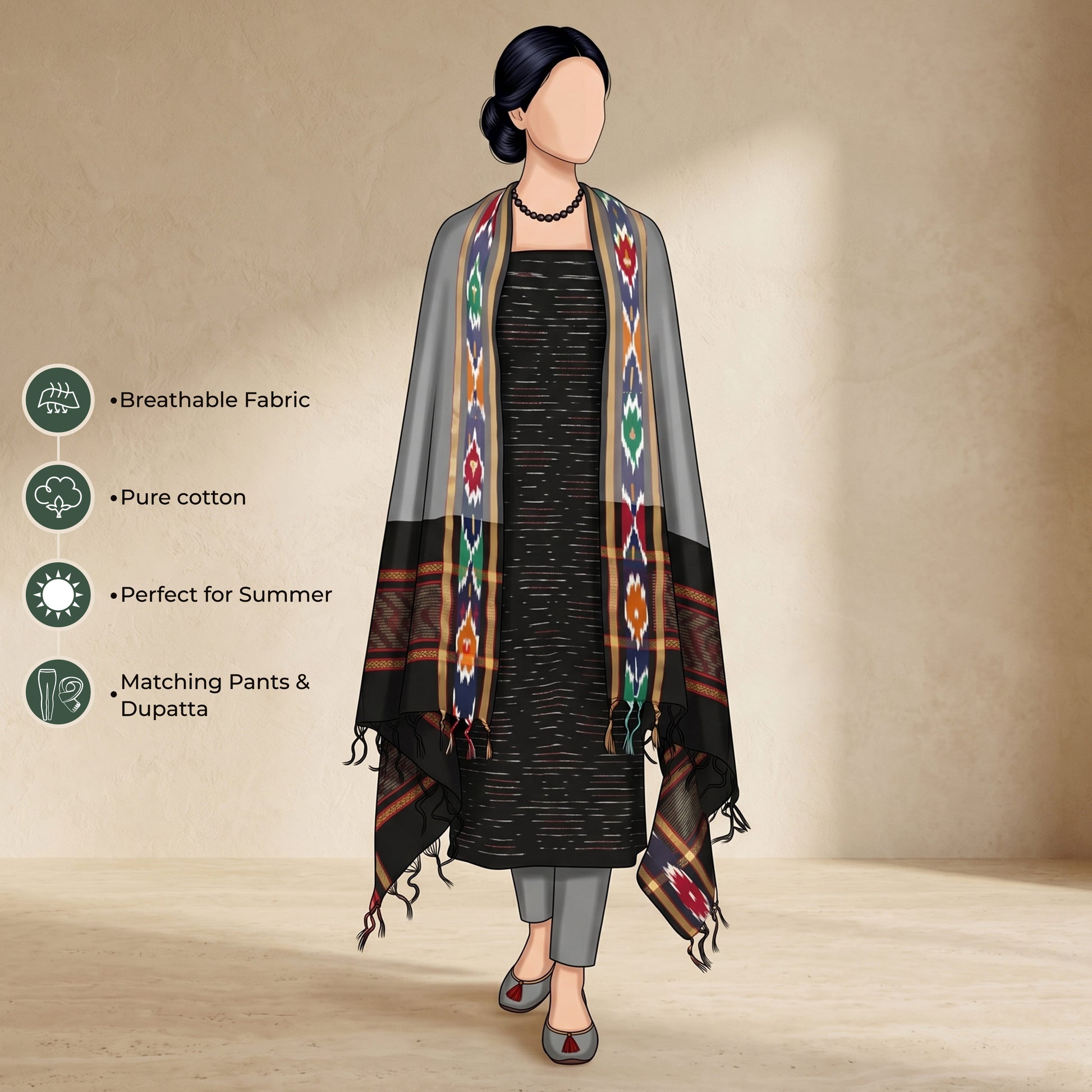 Black Cotton Salwar Material With Grey Contrast Dupatta Striped Border And Tassel Detail Illustrated Front View

