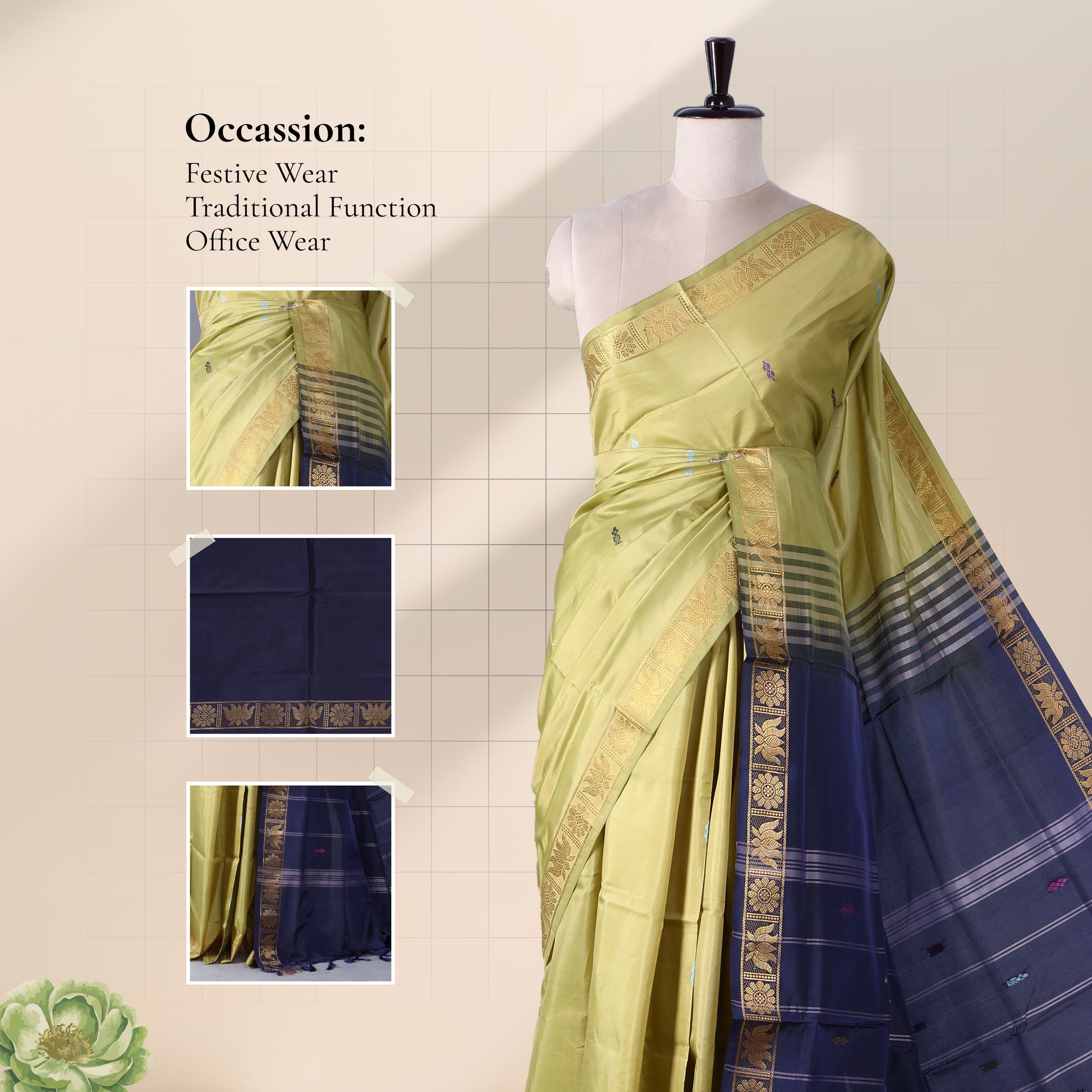 Banana Pith Saree in Light Green with Navy Pallu and Intricate Gold Zari Border