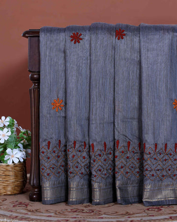 Elegant Kantha Hand Embroidered Saree with Intricate Floral Motif and Contrast Border - Grey