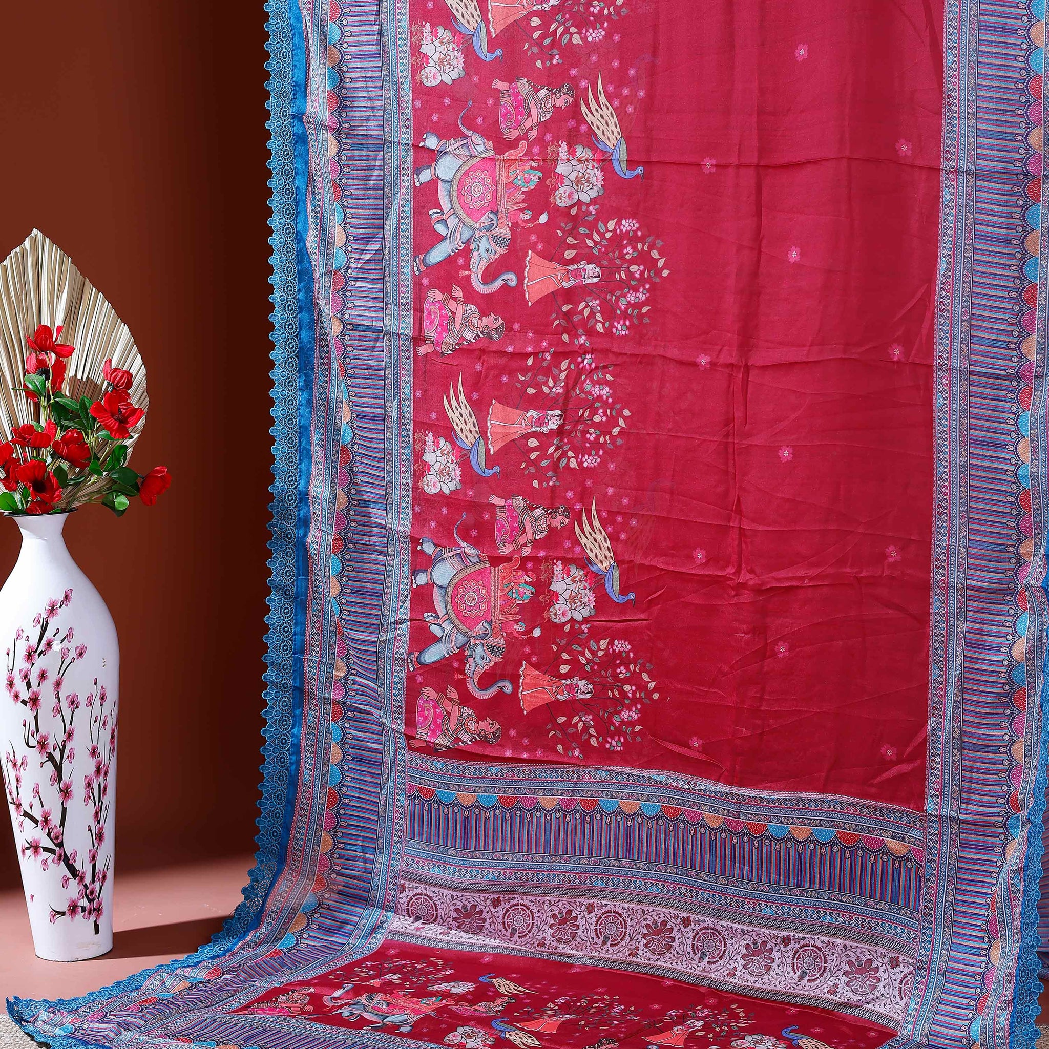 Designer Georgette Saree with Royal Procession Print and Intricately Woven Traditional Border - Red