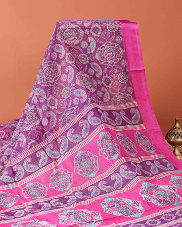 Elegant Georgette Printed Saree With Floral Motifs and a Plain Border - Purple