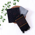 Cotton Salwar Material In Black With Striped Pattern Grey Contrast Dupatta Flat Lay View