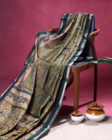 Elegant Semi Chanderi Saree with Paisley Inspired Motifs and A Plain Gold Woven Border - Green