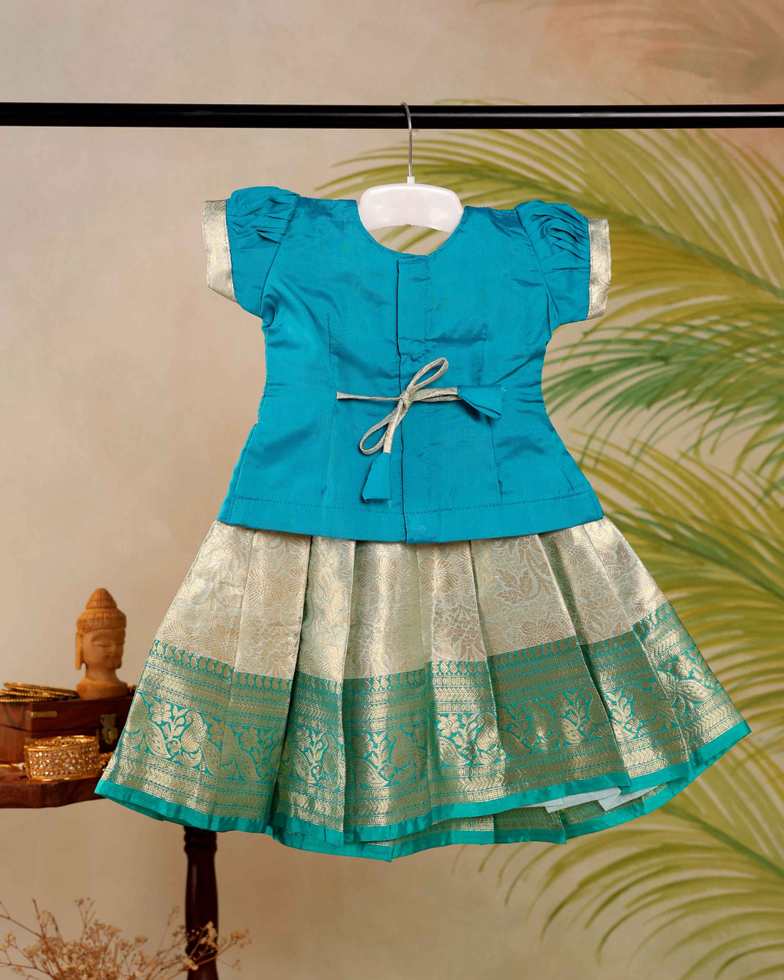 Kids Pattu Pavadai Readymade a Traditional Ethnic Gown with a Zari Border & Puff Sleeves  - Blue