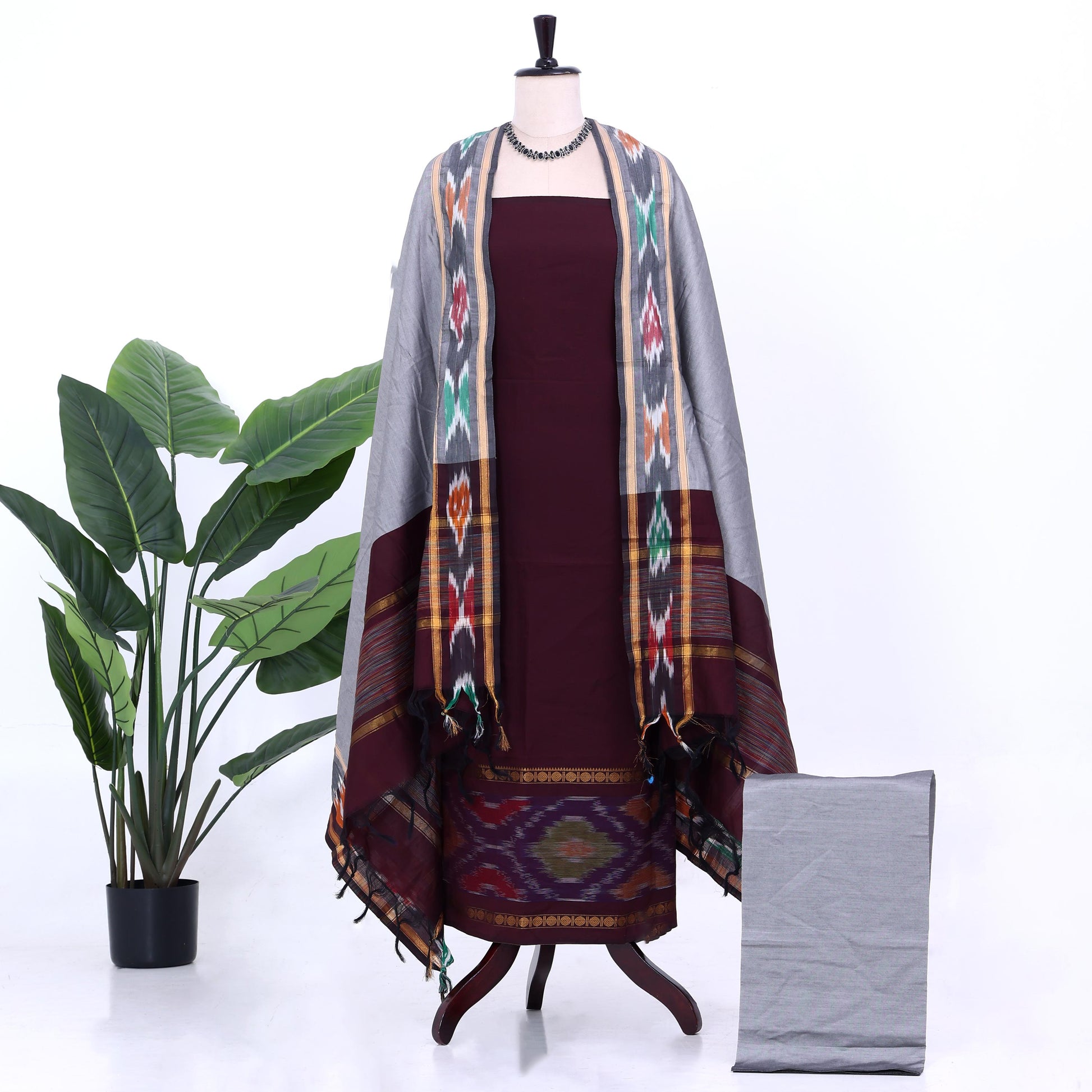 Deep Maroon Cotton Unstitched Salwar Material for Women | Ethnic Summer Collection | Jeyachandran - Full View
