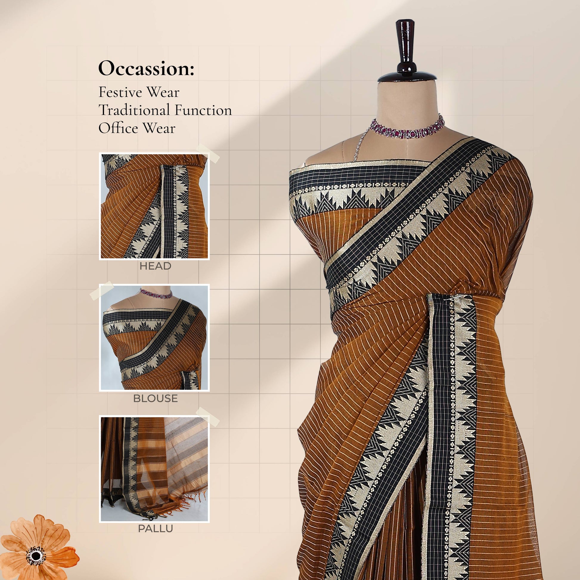  Mangalagiri Cotton Saree a Striped Weave Pattern Traditional Temple Border and Black Contrasting Pallu