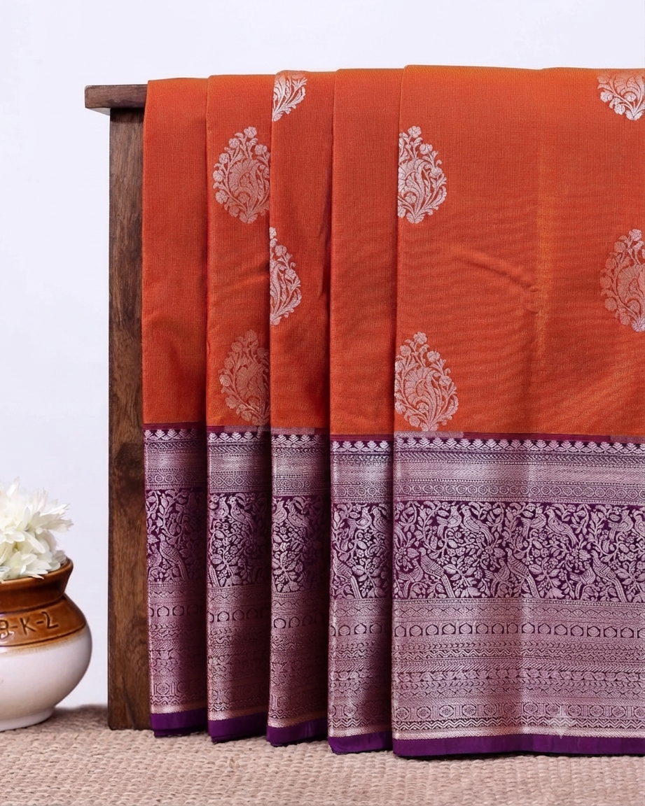 Elegant Niranjana Silk Saree with Traditional Woven Buttas and Contrasting Zari Pallu - Orange