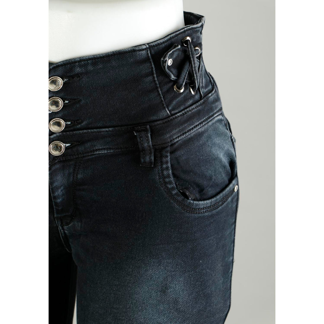 Women Black Pencil Cut  Button Jeans

