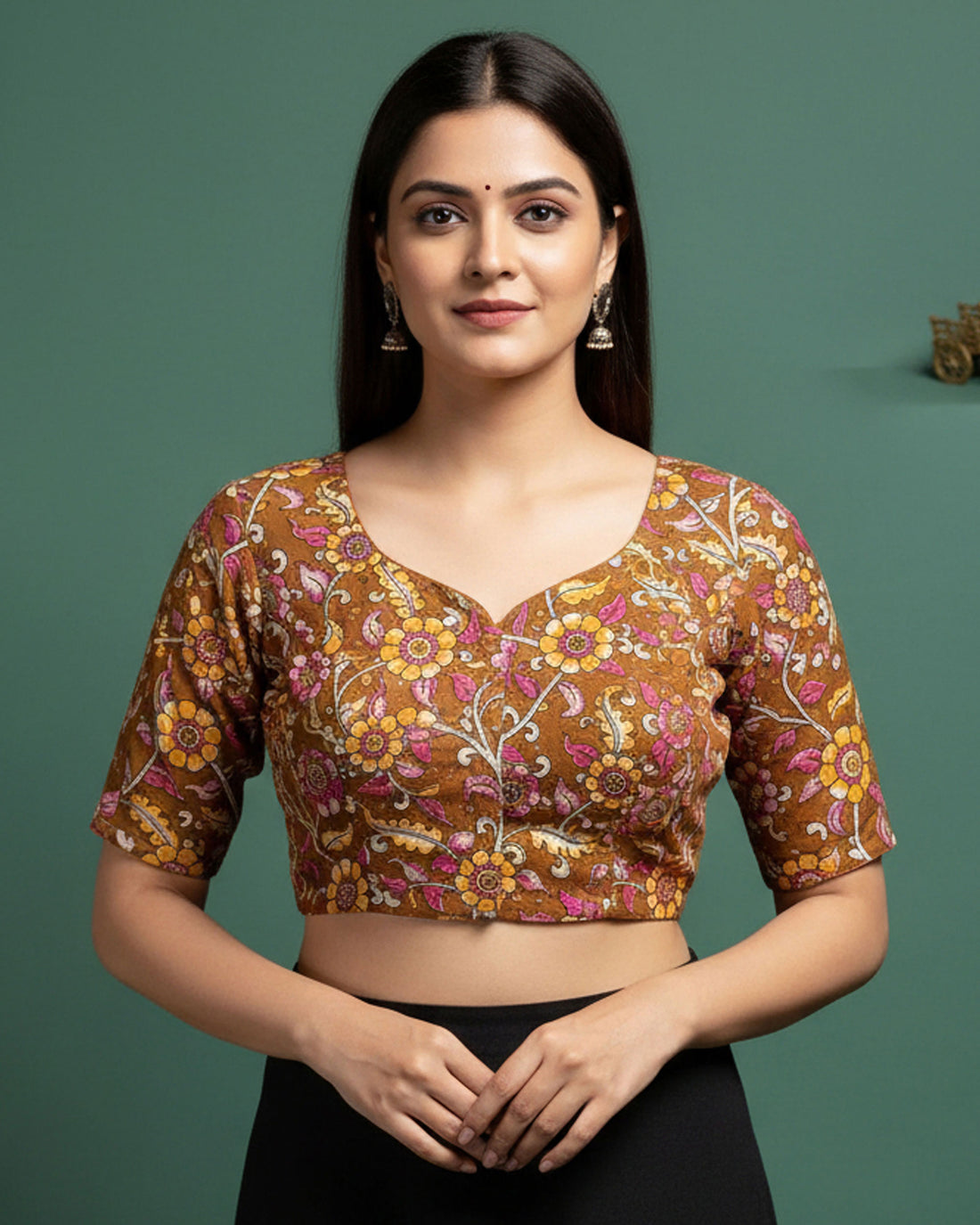 Elegant Floral Printed Women’s 1 Meter Blouse Material with Traditional Art Detailing - Brown