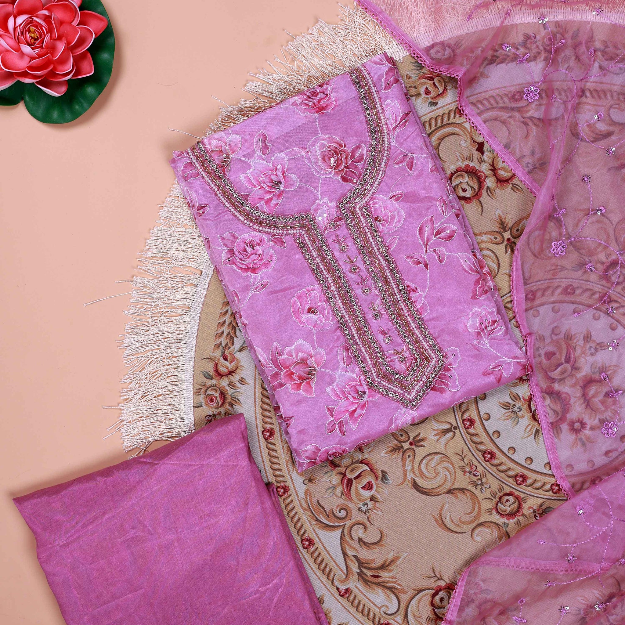 Women's Floral Embroidered Salwar Suit Material with Beaded Neckline and Net Dupatta - Pink
