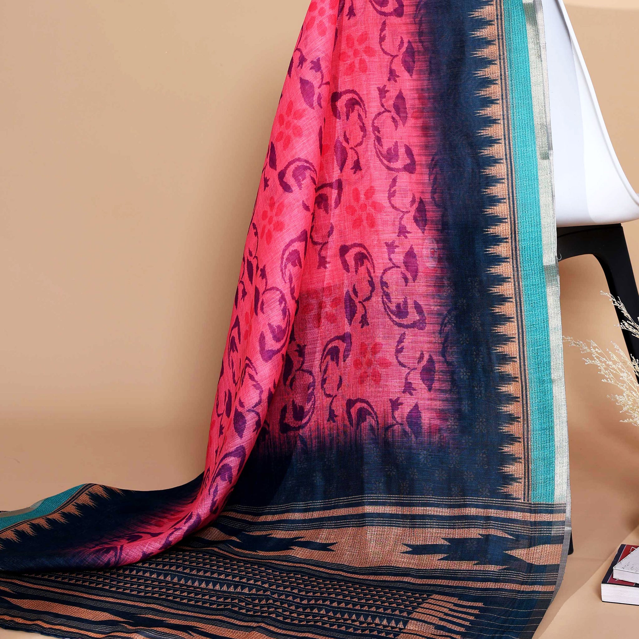 Ethnic PeachLinen saree with Multi-color Paisley and Floral Design