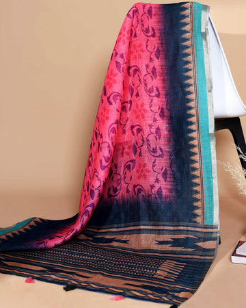 Ethnic PeachLinen saree with Multi-color Paisley and Floral Design