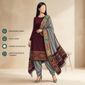 Deep Maroon Salwar Suit Material With Gray Bottom Fabric And Colorful Ikat Dupatta - Front View