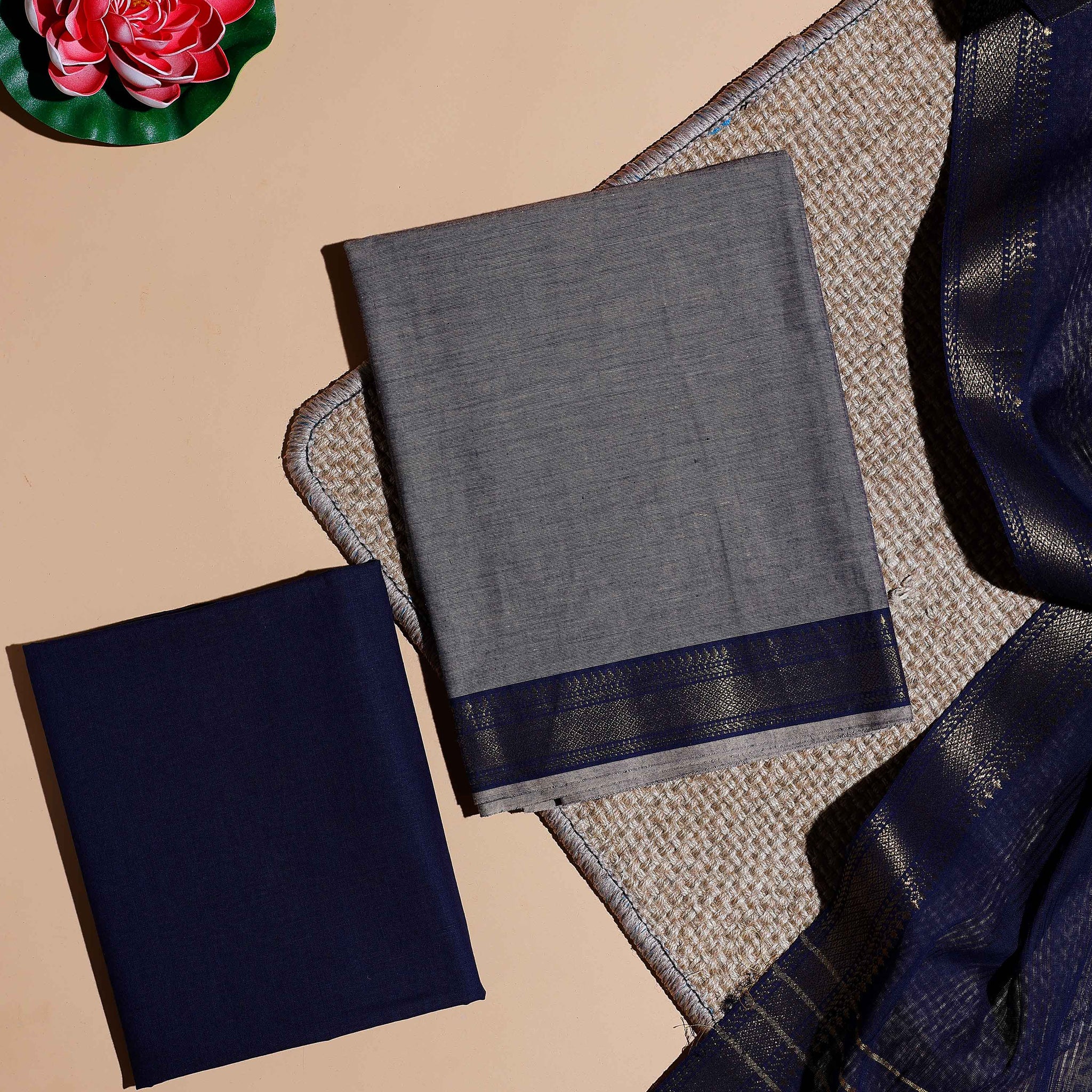 Women's Semi Silk Salwar Material with Contrast Border and Zari Weaving - Grey