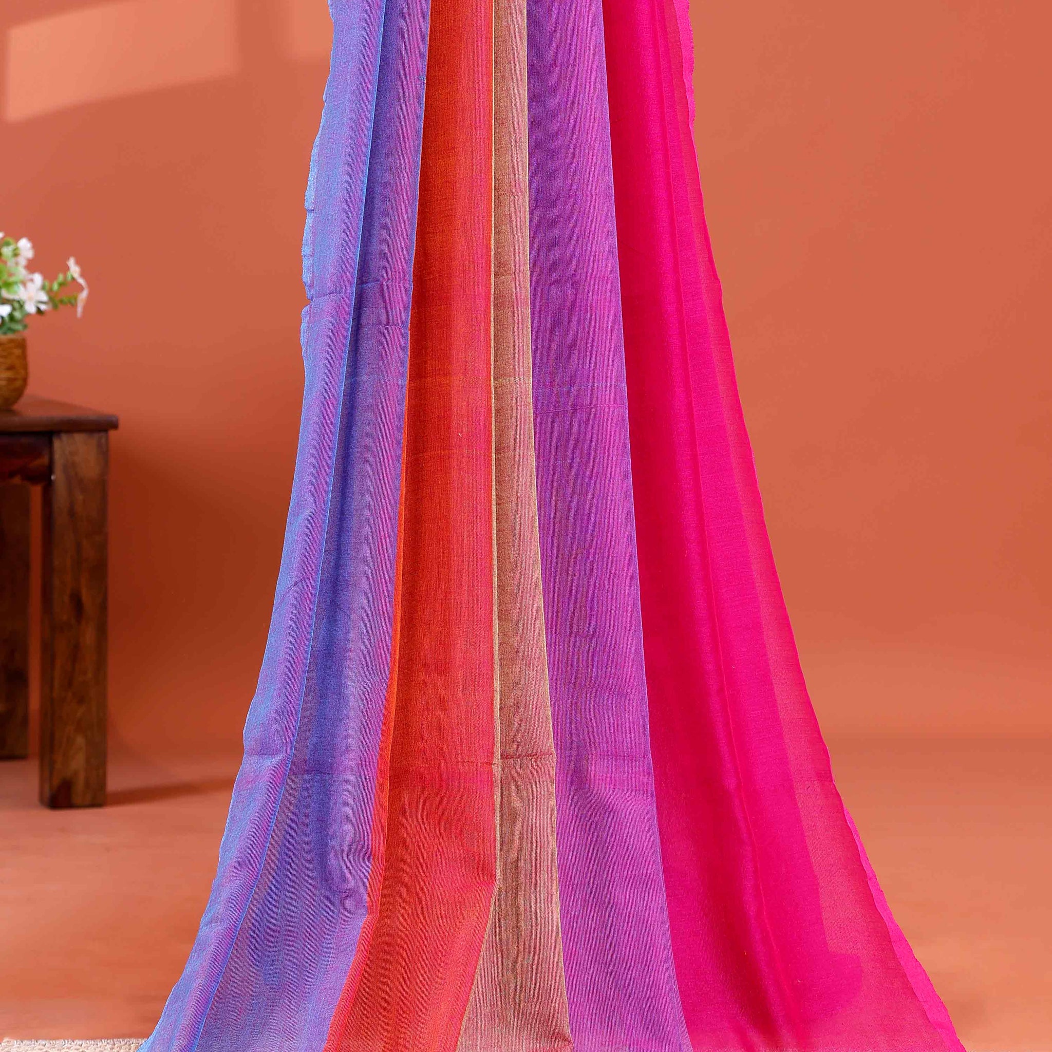 Handwoven Mul Mul Cotton Saree with Bold Striped Pattern and Tassel Detailing - Multi