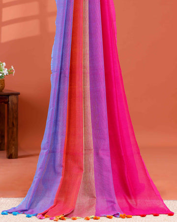 Handwoven Mul Mul Cotton Saree with Bold Striped Pattern and Tassel Detailing - Multi