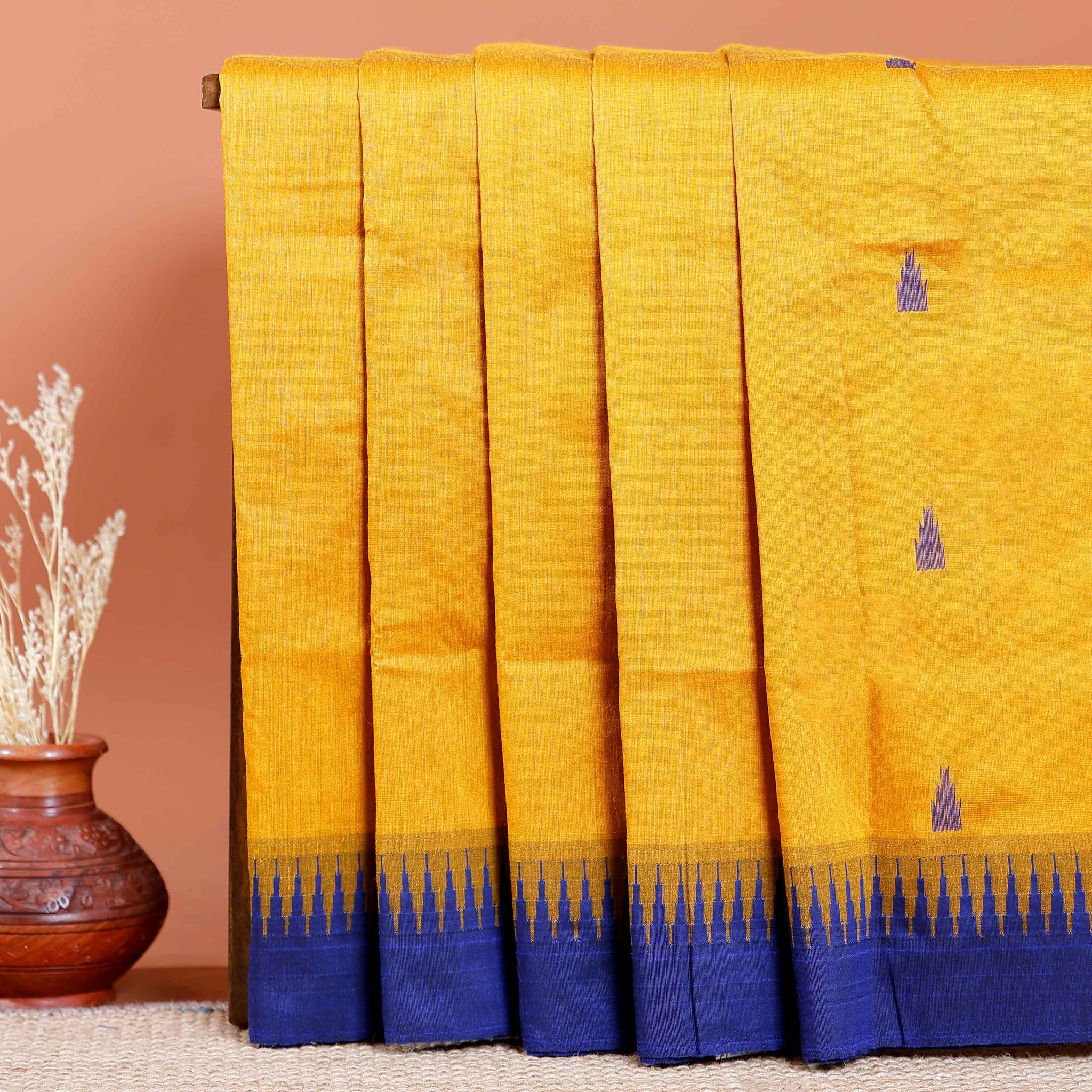 Handloom Kalyani Cotton Handloom Saree with Traditional Temple Border and Intricate Body Motifs - Yellow