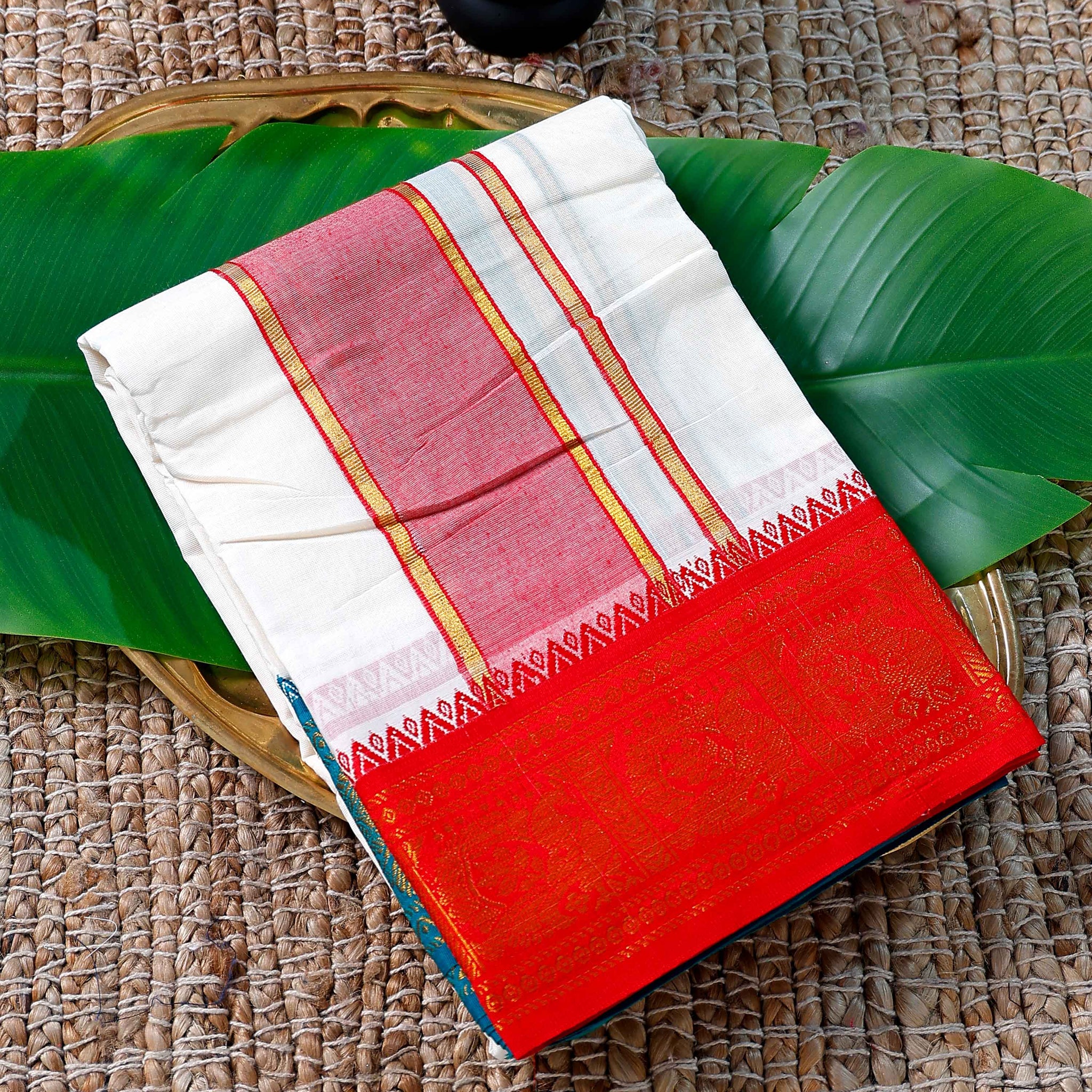 Men’s Cotton Dhoti with Red Colour Border - White